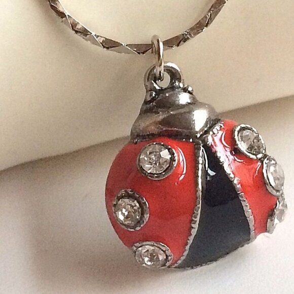 Ladybug Necklace Charm Pendant Red Enamel Crystal Silver Plated Insect 20" Chain - Picture 12 of 12